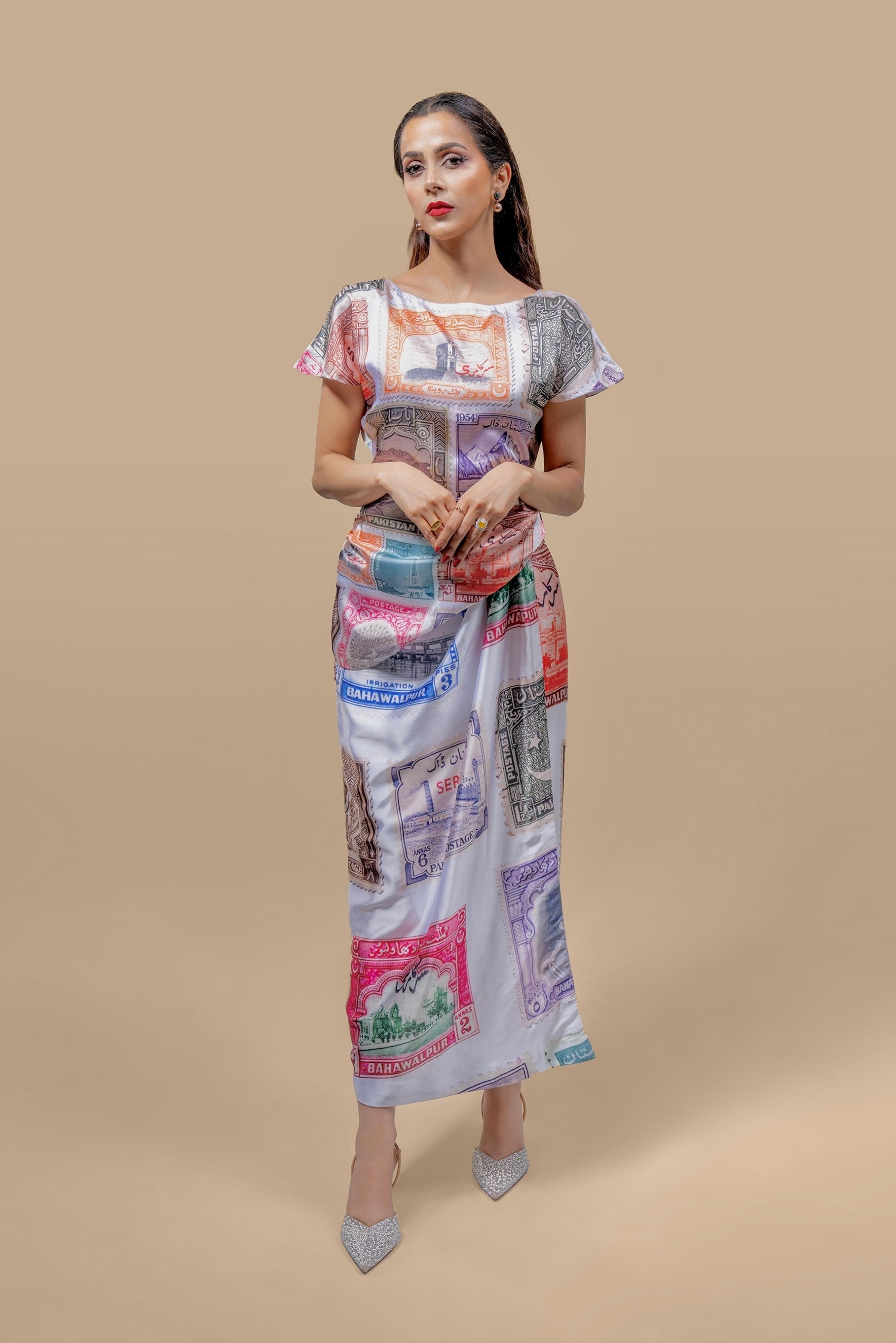 front view of the Nomadic Grace Silk Co-ord Set, highlighting the smooth silk fabric and the relaxed, chic fit of the top and pants.